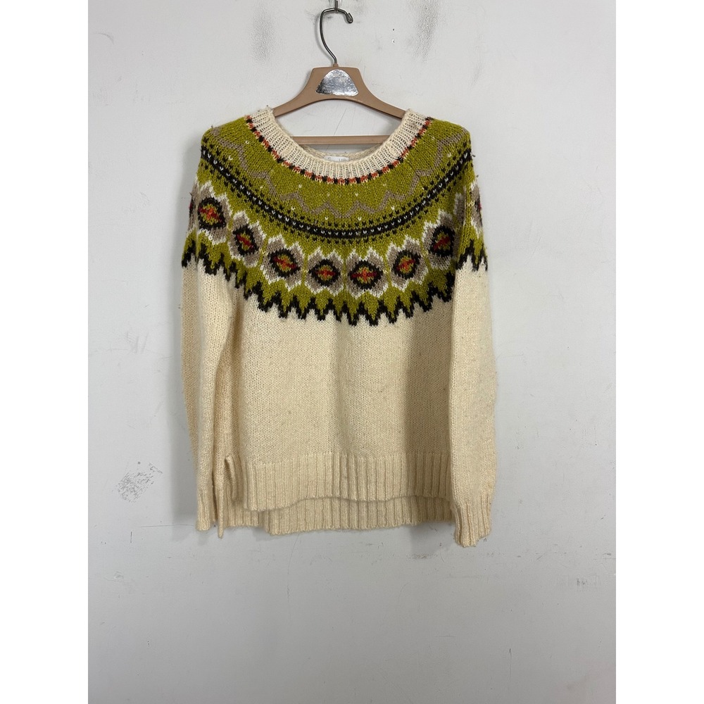 J. Jill Womens Fair Isle Wool Blend Sweater Cream Green M SSW005471